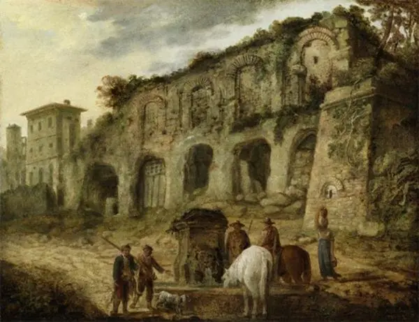 Peasants and Horses Standing By A Fountain: The Curia Ostilia and the Basilica Porzia on the Palatine Hill Beyond