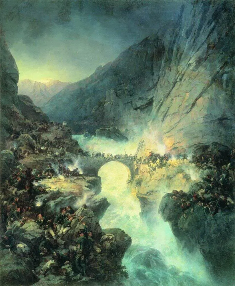 Crossing Over Devil's Bridge on 14 September 1799, by Alexander von Kotzebue, oil, 1857
