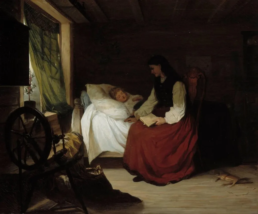 Äiti nukkuvan lapsen vuoteen vieressä, by Alexandra Frosterus-Såltin, unspecified