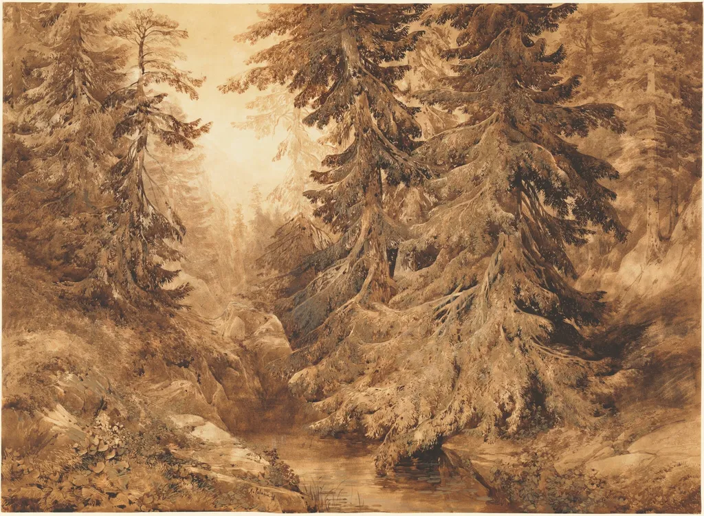 An Ancient Pine Forest with a Mountain Stream, by Alexandre Calame, gouache, 1847