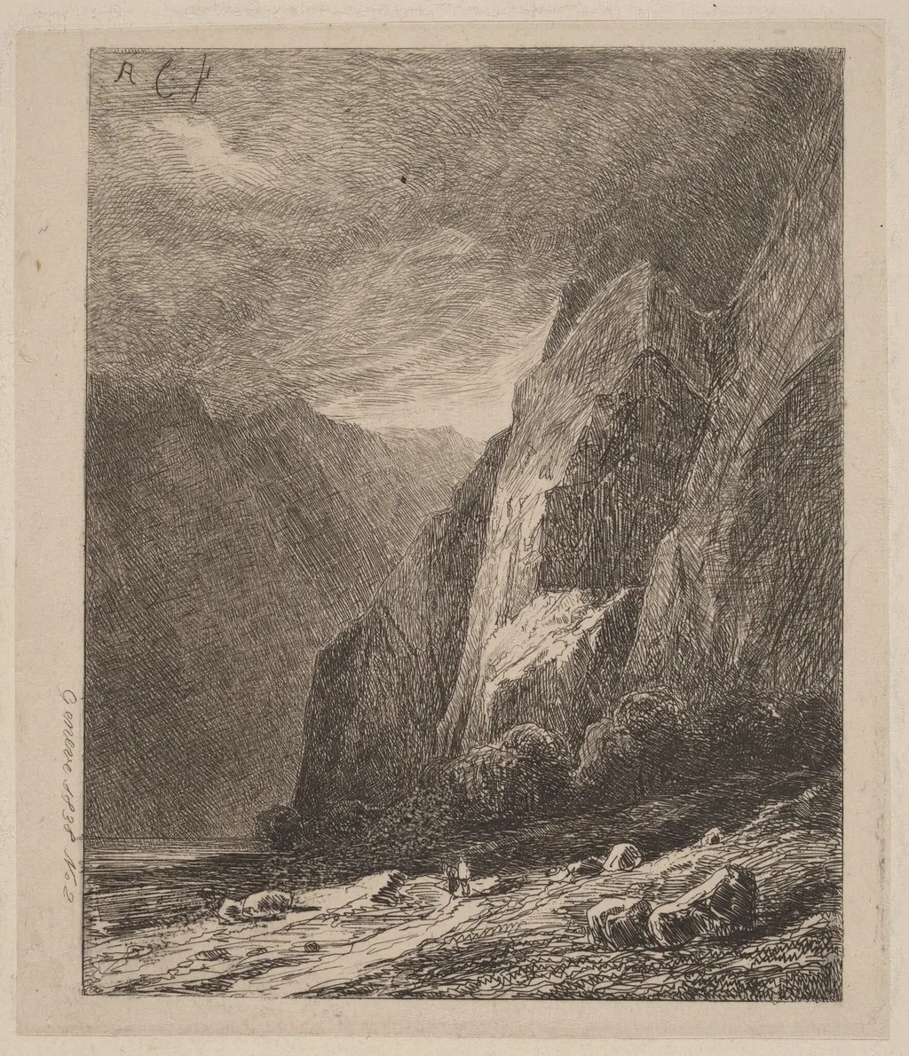 Cliffs in a Storm, by Alexandre Calame, ink, 1838
