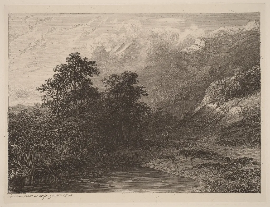 Mountain Lakeside, by Alexandre Calame, ink, 1840