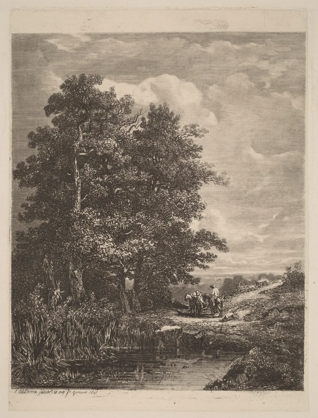 Riders by a Pond, by Alexandre Calame, ink, 1841