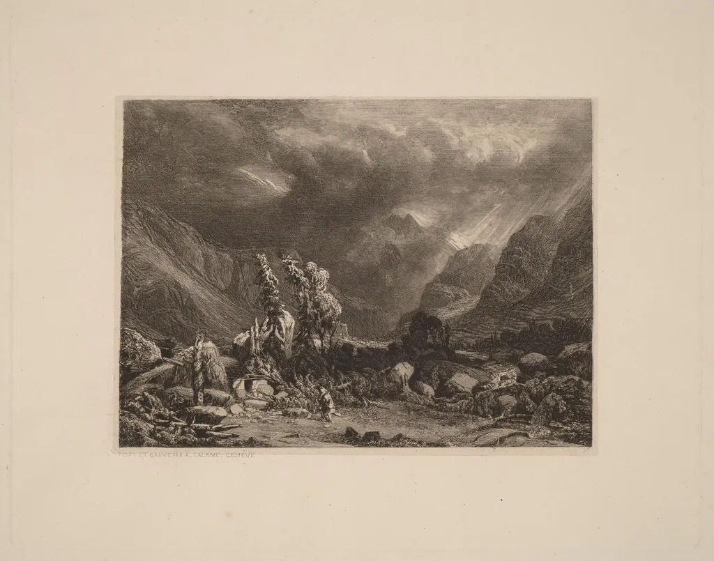 Storm in the Mountains, by Alexandre Calame, ink, 1845