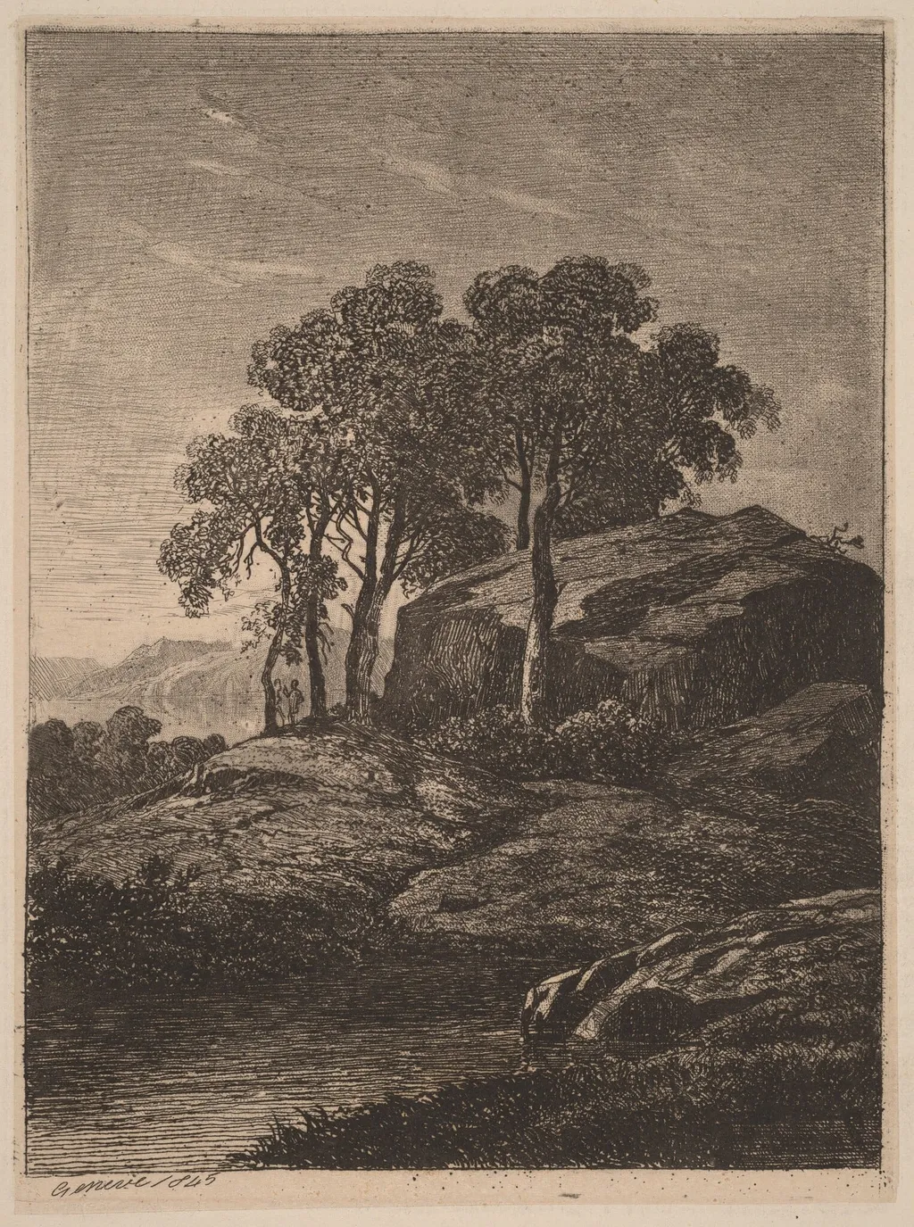 Trees by a Rock, by Alexandre Calame, ink, 1845