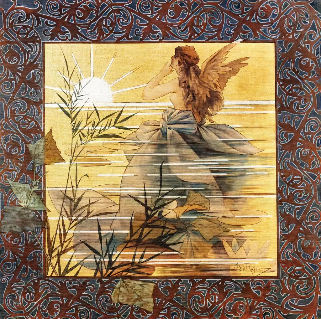 Composition with winged nymph at sunrise