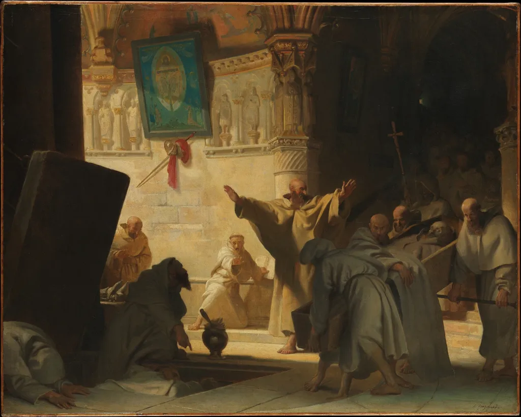Dramatic Scene with Monks in a Crypt, by Alexandre-Évariste Fragonard, oil, 1825