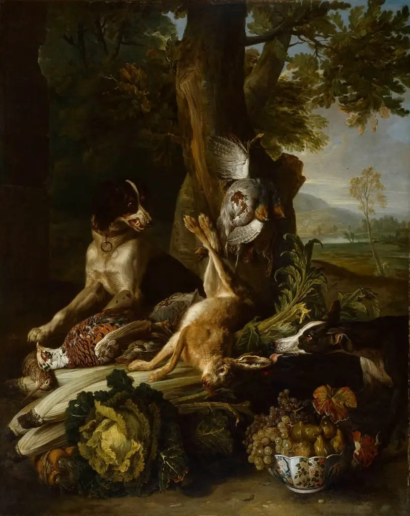 Automne : épagneul et chien de meute, gibier, fruits et légumes, by Alexandre-François Desportes