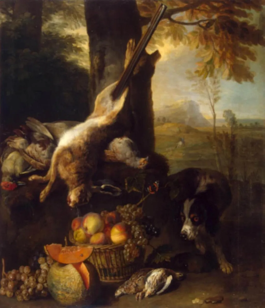 Still Life with a Dead Hare and Fruit, by Alexandre-François Desportes, oil, 1711
