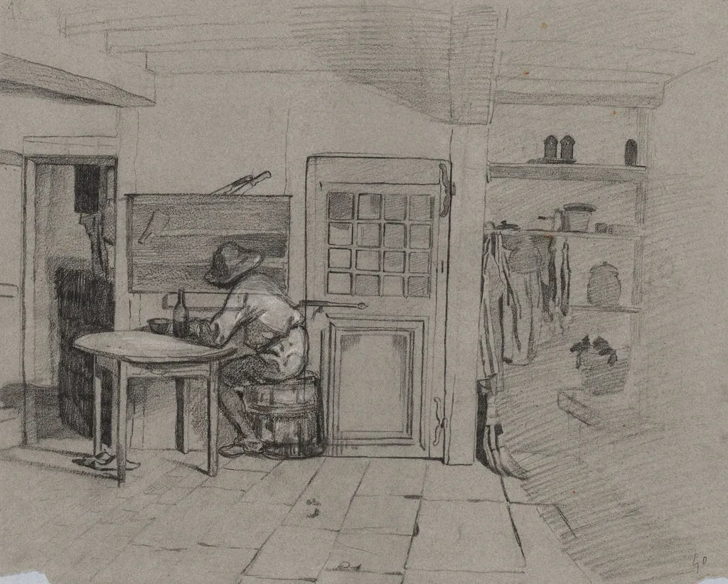 A Farmhouse Interior with a Boy at a Table, by Alexandre Gabriel Decamps, 1846