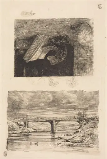 River Landscape with a Bridge; Monkey Paging through a Book, by Alexandre Gabriel Decamps