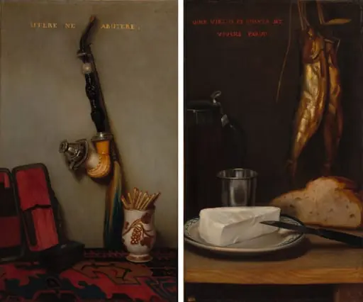 Still Life with Pipe and Matches and Still Life with Herring, Bread, and Cheese (pair), by Alexandre Gabriel Decamps