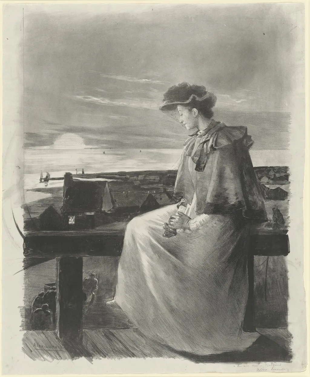 Reverie: Young Woman Sitting by the Sea, by Alexandre Lunois, ink, 1890