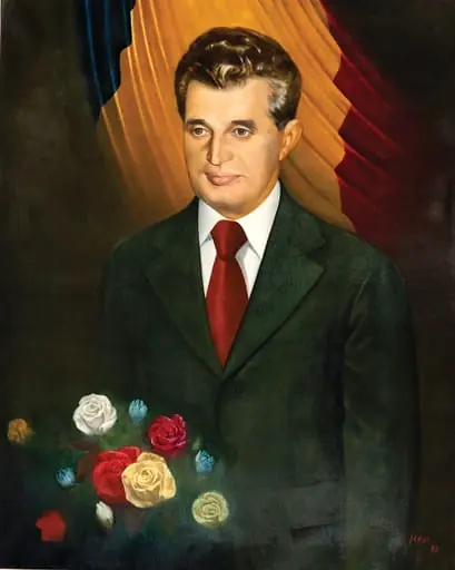 Tablou ulei pe pânză, portret Nicolae Ceaușescu semnat Ispas și datat în partea dreaptă jos. Este prezentat într-o postură solemnă cu un buchet de trandafiri, în spatele său tricolorul. Culorile drapelului se regăsesc și în coloritul trandafirilor. Comandat de Comitetul Județean de Partid Alba (1983)., by Alexandru N. Ispas