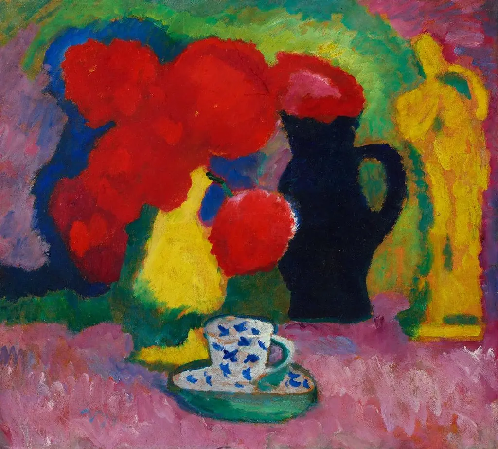 Stillleben mit roten Blumen (Gelbe Figur und Tasse), by Alexej von Jawlensky