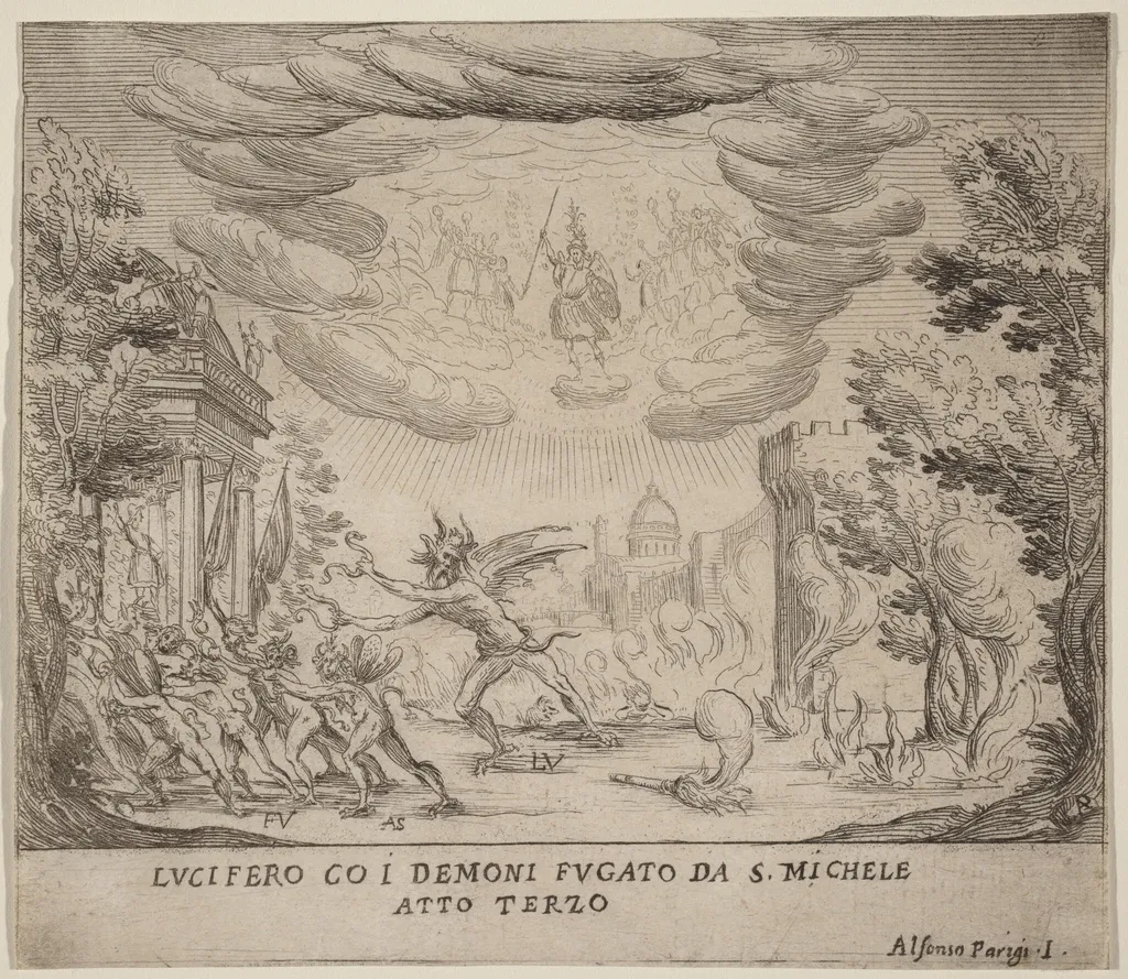 Lucifer and Demons Fleeing Saint Michael, by Alfonso Parigi II, ink, 1631