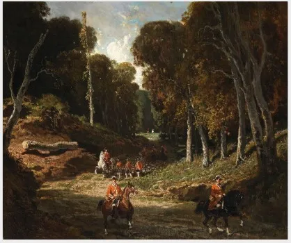 A Rider in Red Coats in a Forest, by Alfred de Dreux, oil, 1832