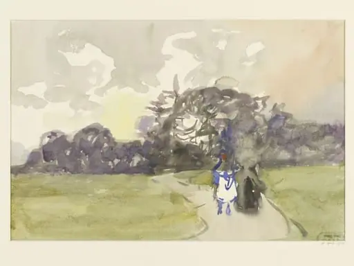 Landscape study, with trees and figures in the foreground, by Alfred East