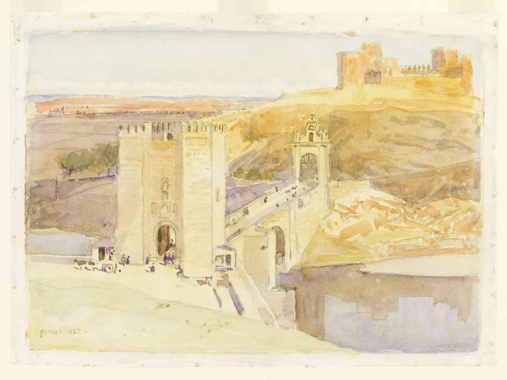 The Bridge of Alcantara at Toledo, by Alfred East, watercolor, 1870