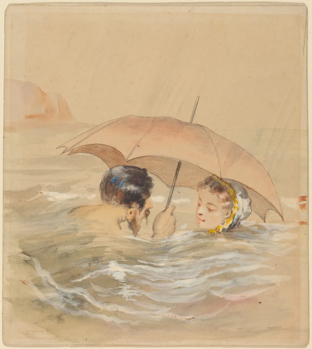 Male and Female Bathers with Umbrella, by Alfred Grévin, gouache, 1860