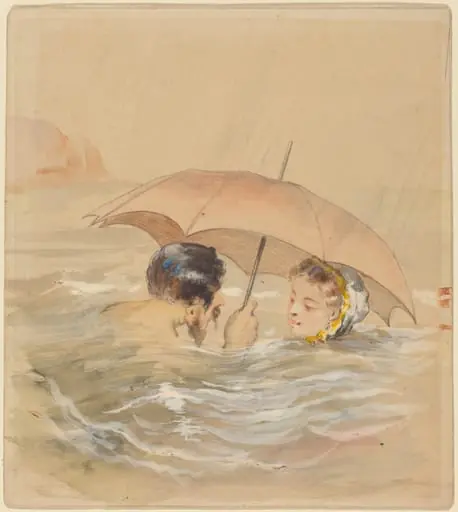 Male and Female Bathers with Umbrella, by Alfred Grévin
