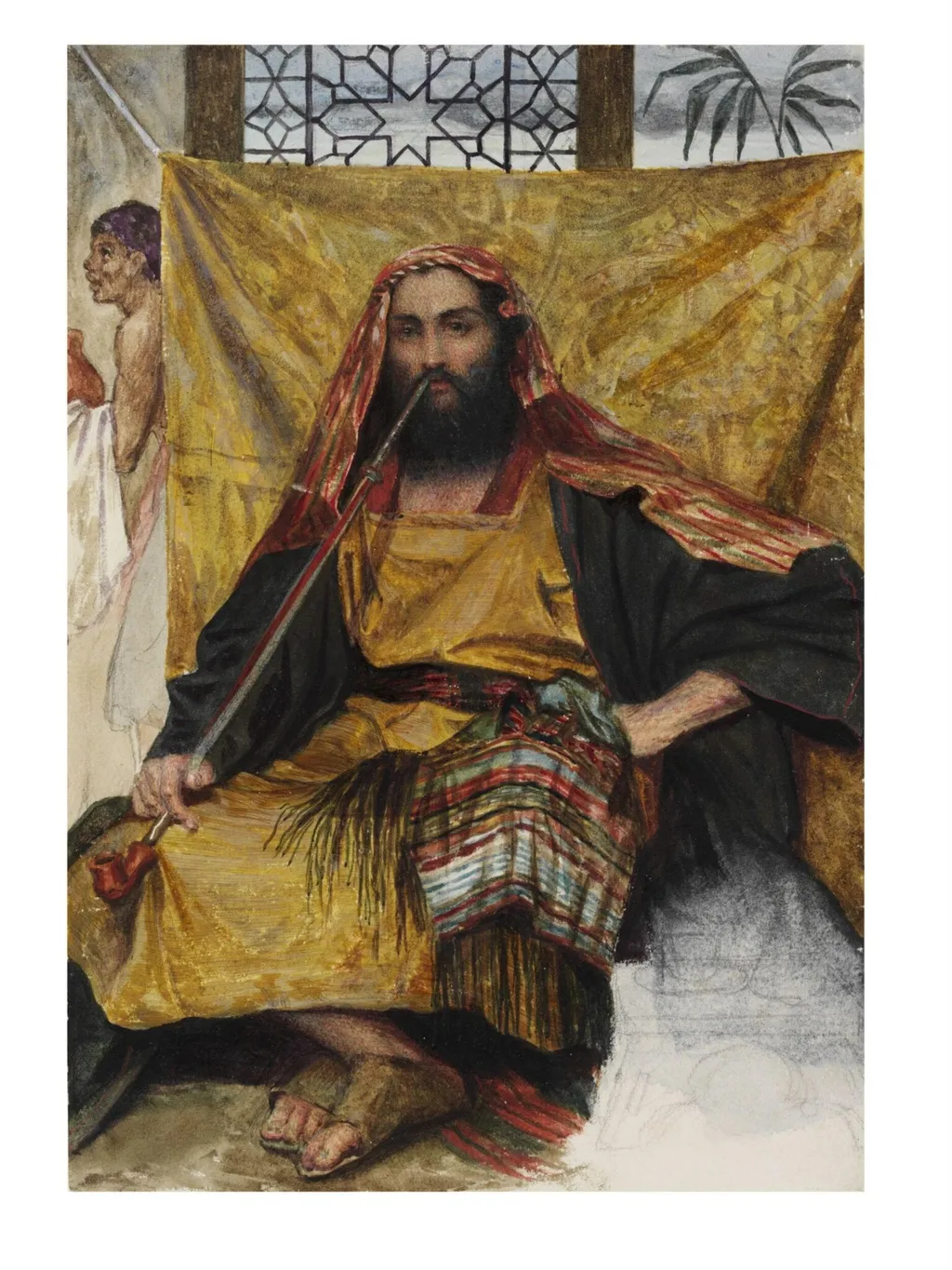 Man in Arab Costume, Seated and Smoking, by Alfred Hassam, watercolor, 1864