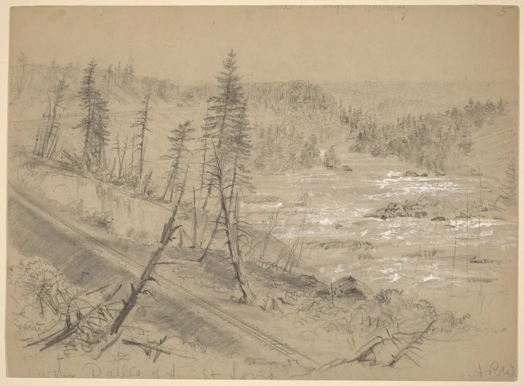 Railroad on the Dalles of the St. Louis, by Alfred R. Waud, chalk, 1882