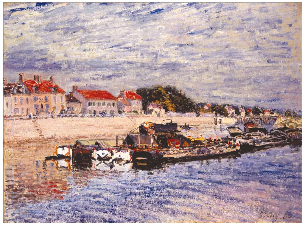 Barges on the Loing at Saint-Mammès, by Alfred Sisley, oil, 1893
