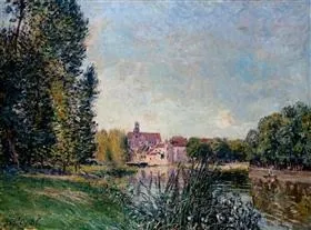 Loing river and church at Moret, by Alfred Sisley, unspecified, 1894