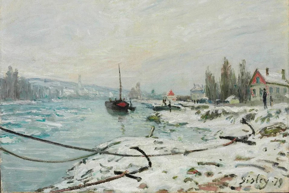 Mooring Lines, the Effect of Snow at Saint-Cloud, by Alfred Sisley, oil, 1890