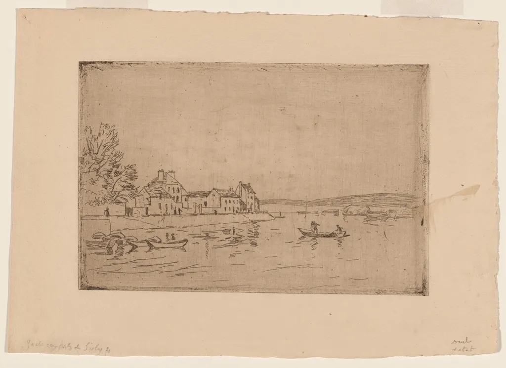 On the Banks of the Loing: Six Boats at their Moorings, by Alfred Sisley, ink, 1890