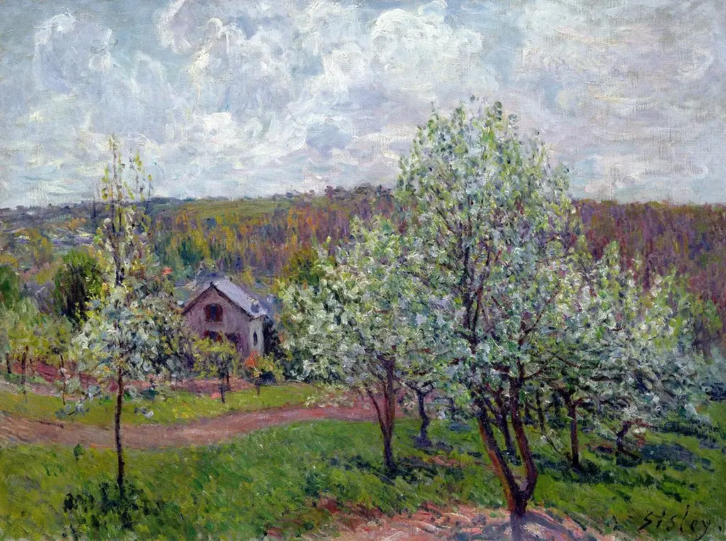Printemps aux environs de Paris. Pommiers en fleurs, by Alfred Sisley