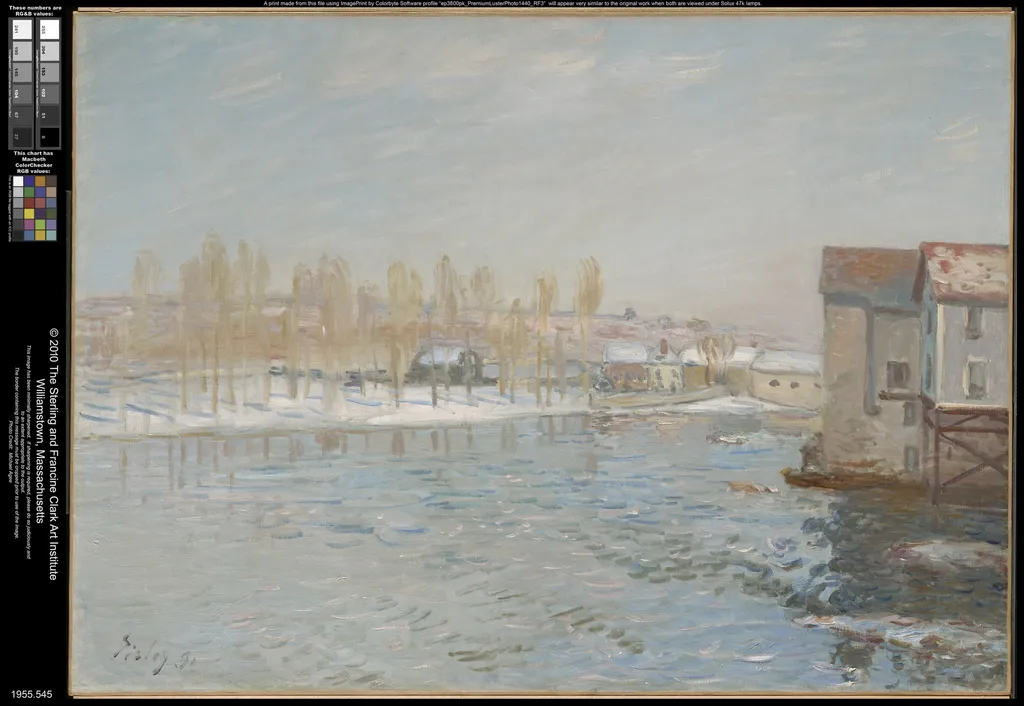 The Loing and the Mills of Moret, Snow Effect, by Alfred Sisley, oil, 1896