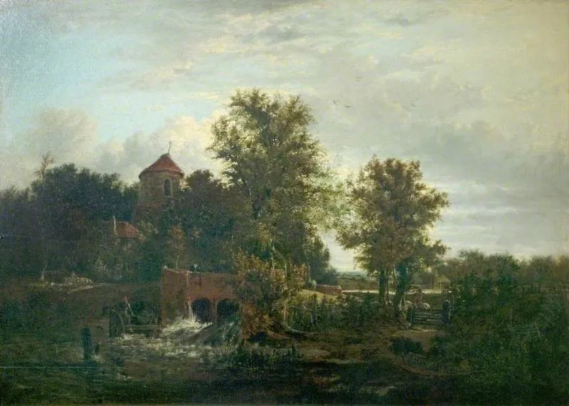 Sluice Gate, River Wensum, Norfolk, by Alfred Stannard, oil, 1828