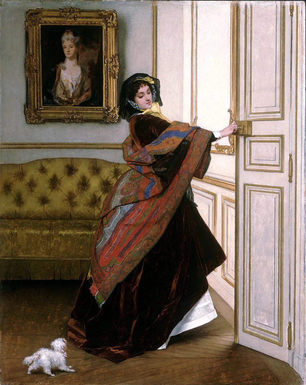 Departing for the Promenade (Will You Go Out with Me, Fido?), by Alfred Stevens, oil, 1859