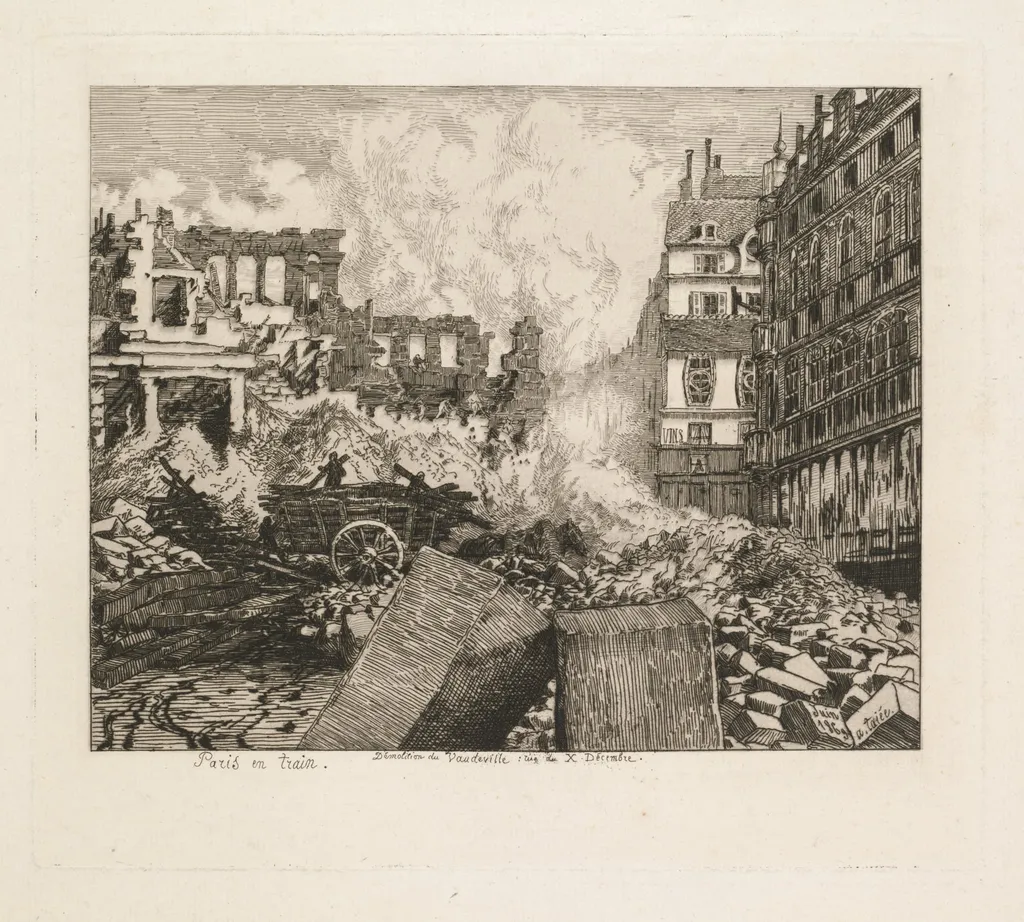Paris en Train. Démolition du théâtre du Vaudeville: rue du Dix-Decembre, by Alfred Taiée, 1869