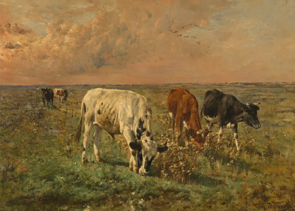 Cows in a Pasture, by Alfred Verwee, oil, 1876