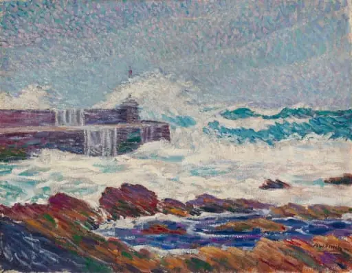 Rosehearty pier myrskyssä, by Alfred William Finch
