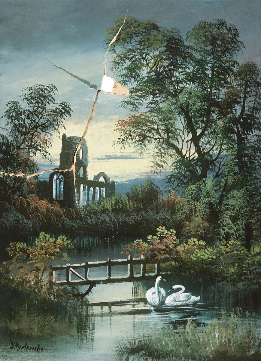 River Landscape and a Ruined Abbey, by Alfred Worthington, oil, 1896