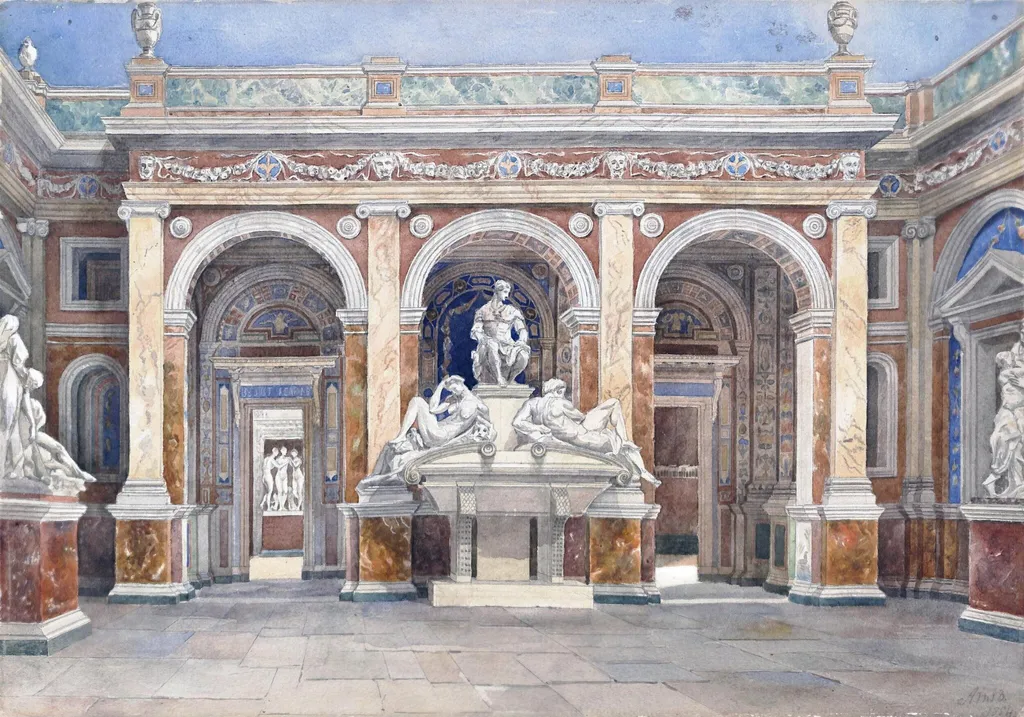 Marbled room with statues at Crystal Palace, by Alice Brinsley, watercolor, 1886