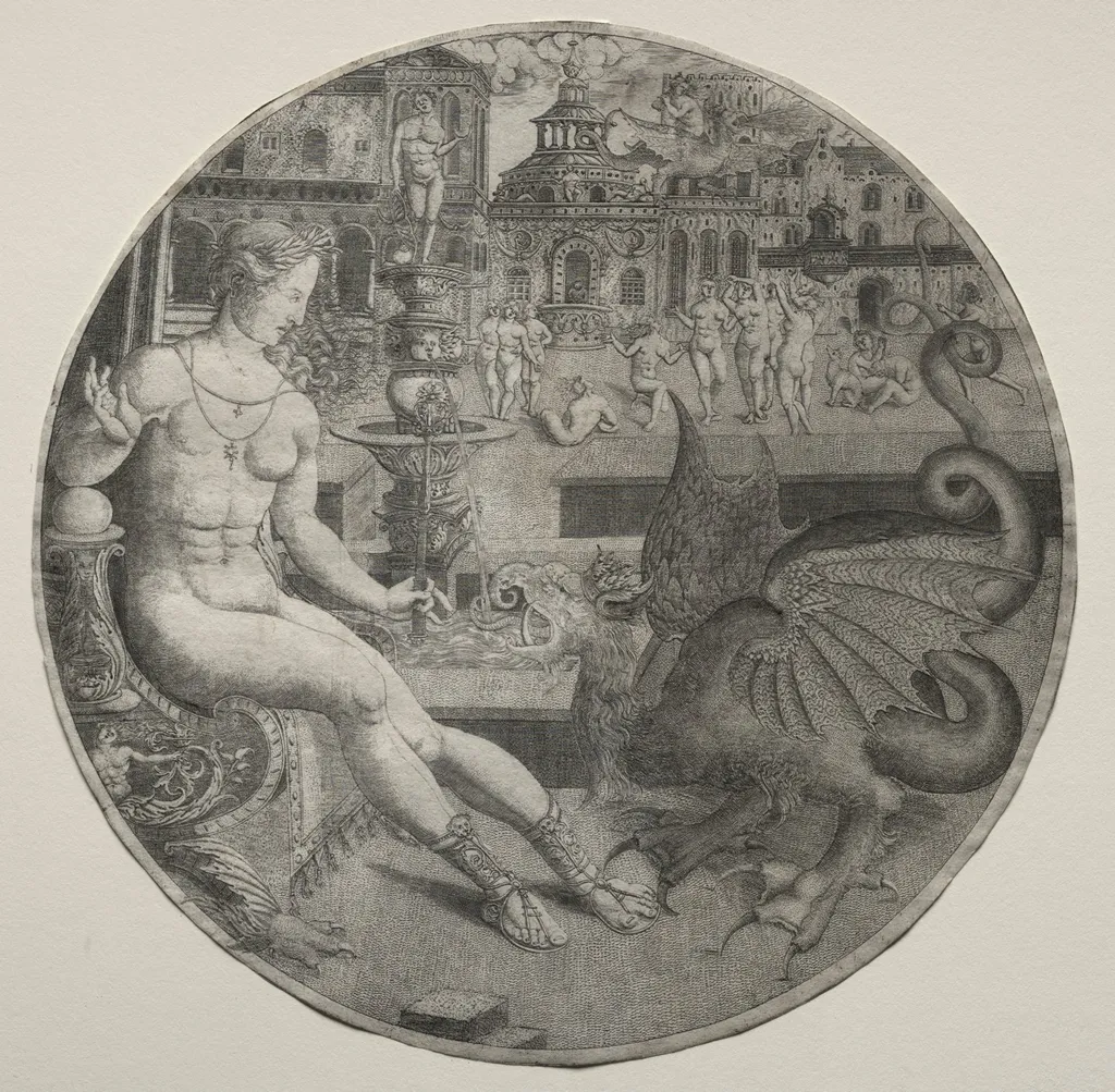 Naked Woman and a Dragon, by Allaert Claesz, 1523