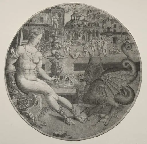 Naked Woman and a Dragon, by Allaert Claesz