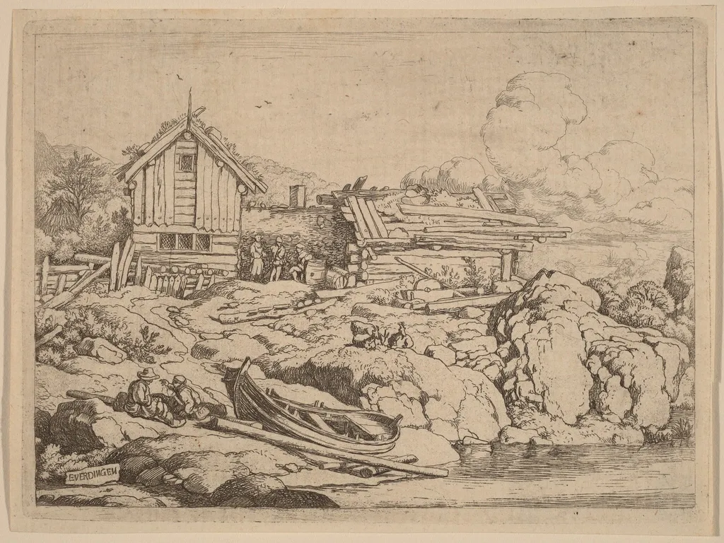 Boat at a River Bank with Three Goats, by Allart van Everdingen, ink, 1650