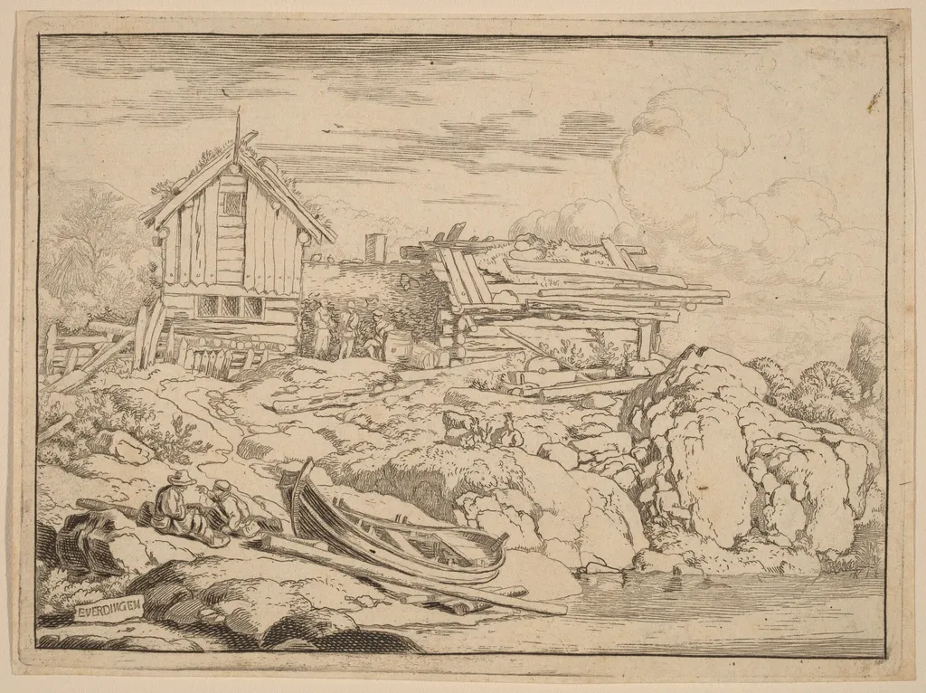 Boat at a River Bank with Three Goats, by Allart van Everdingen, ink, 1650