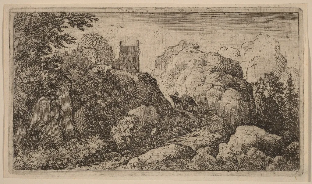 Cart in a Narrow Pass, by Allart van Everdingen, ink, 1650
