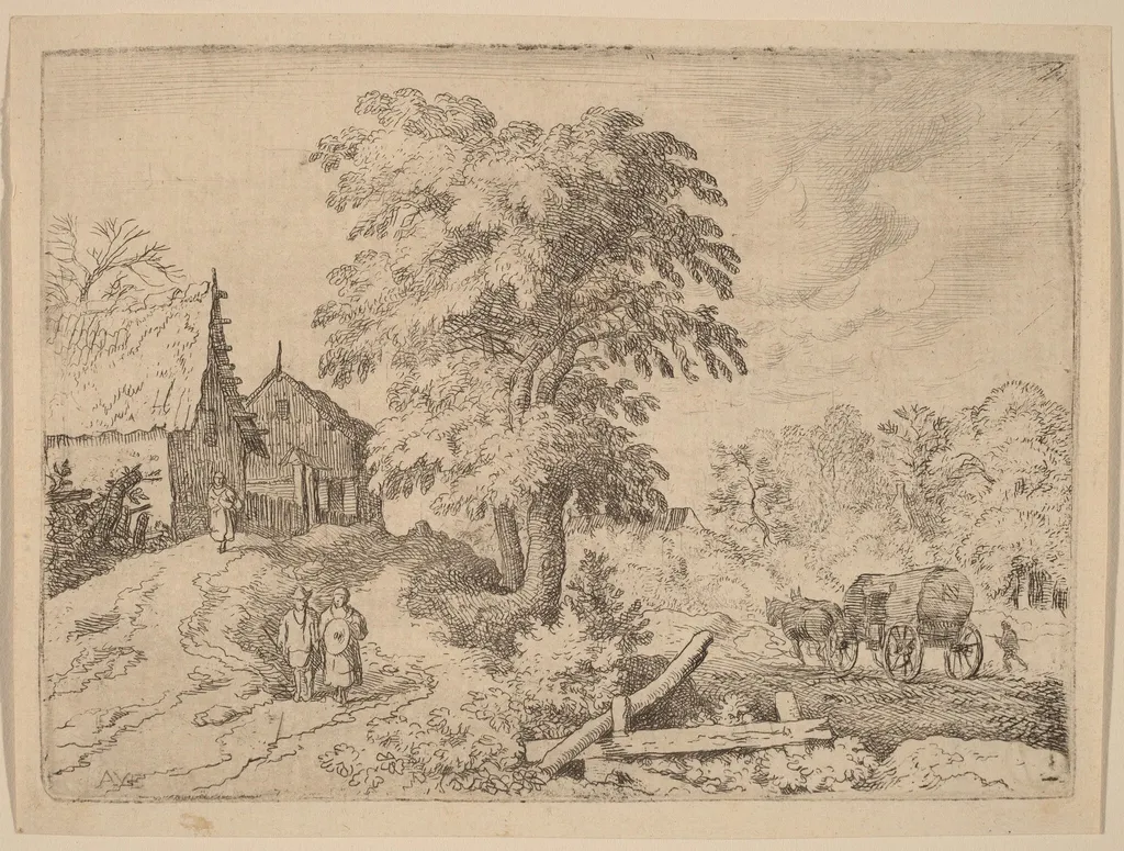 Cart with Two Draft Horses, by Allart van Everdingen, ink, 1650