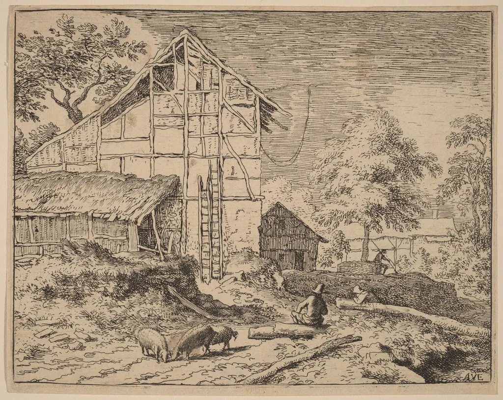 Cottage with Two Ladders, by Allart van Everdingen, ink, 1650