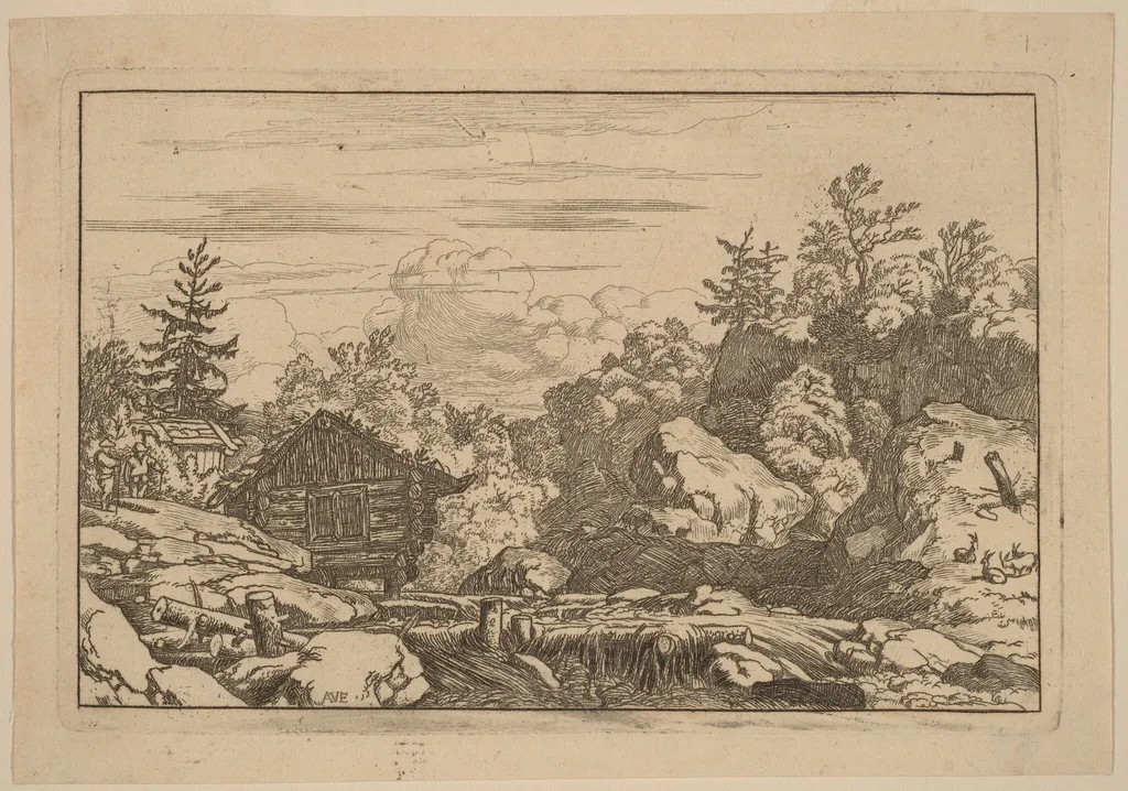 Cottages at the Bank, by Allart van Everdingen, ink, 1650