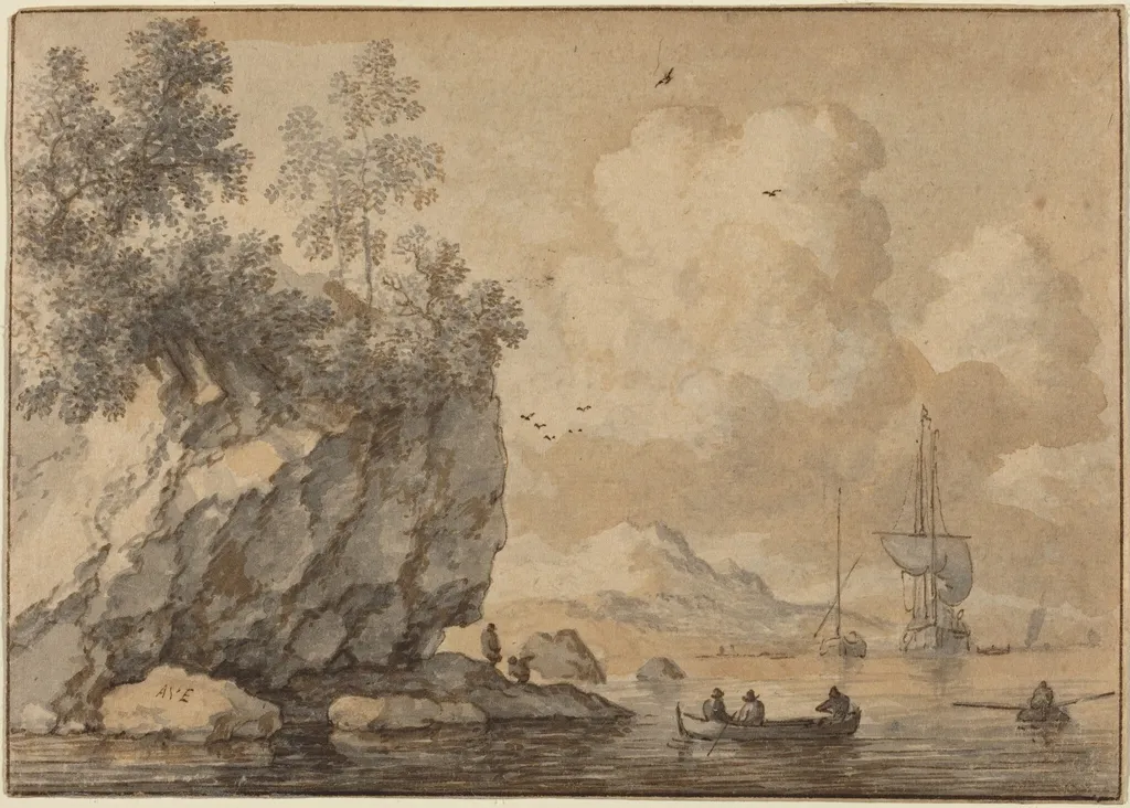 Figures in Rowing Boats in a Rocky Cove, Sailing Ships Beyond, by Allart van Everdingen, ink, 1648