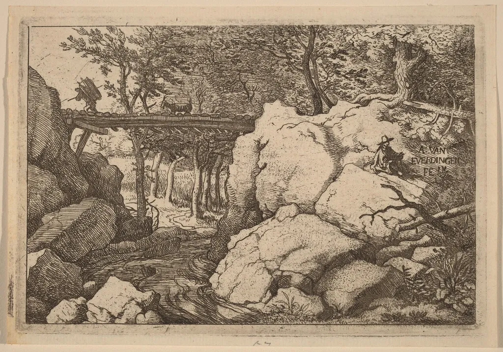 Goat on a small Bridge, by Allart van Everdingen, ink, 1650